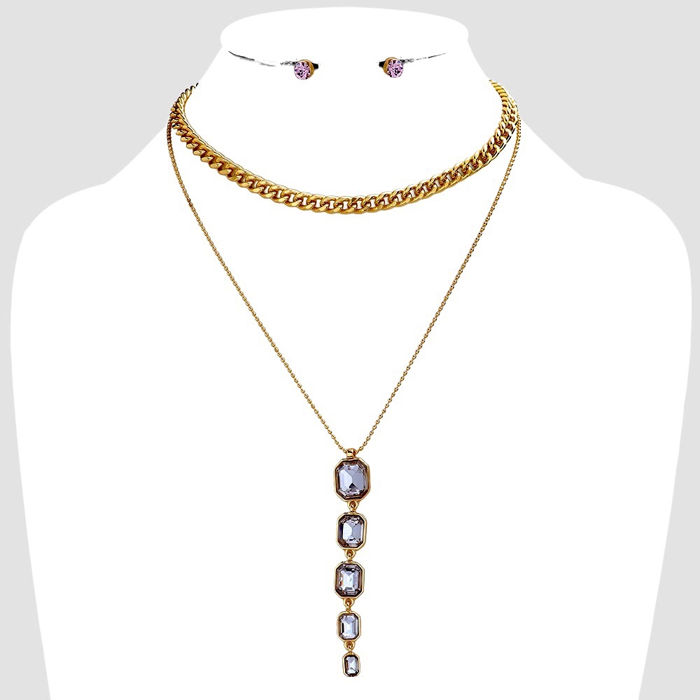 Lavender emerald cut stone link layered necklace